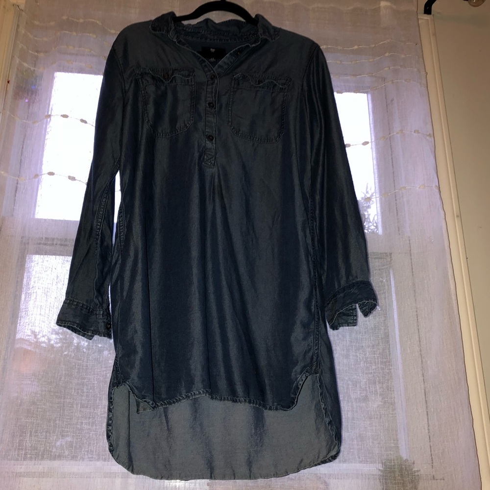 Long-sleeve high low denim dress.